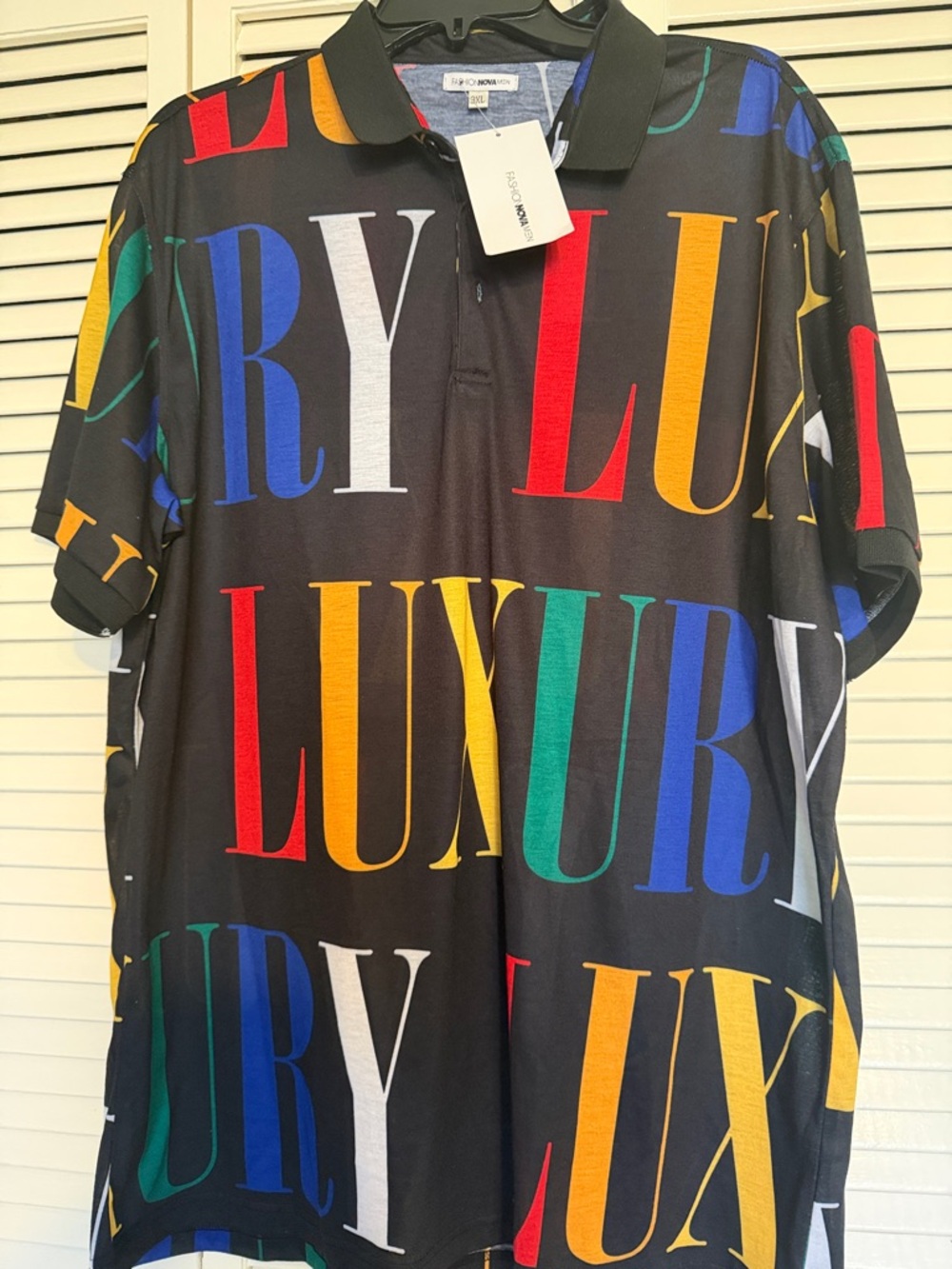 Fashion Nova Black Polo with Multicolor 'LUXURY' Print - Picture 3 of 4